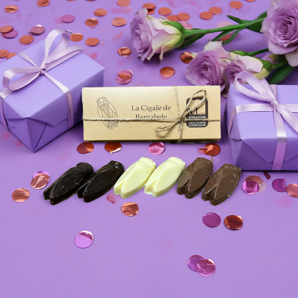 Coffret Cigales- Chocolat Blanc,Lait et Noir Fourrés Praliné Croustillant